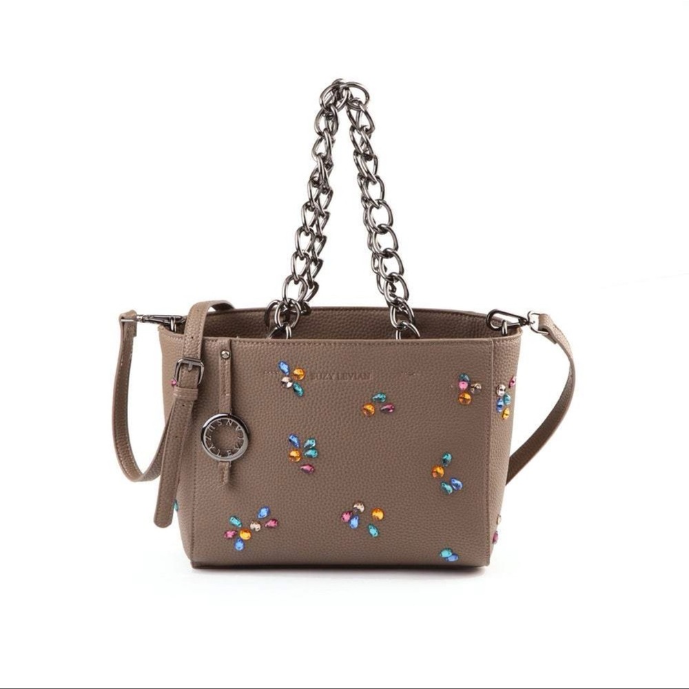 Suzy Levian Pebbled Faux Leather Rhinestone Satchel Handbag Grey